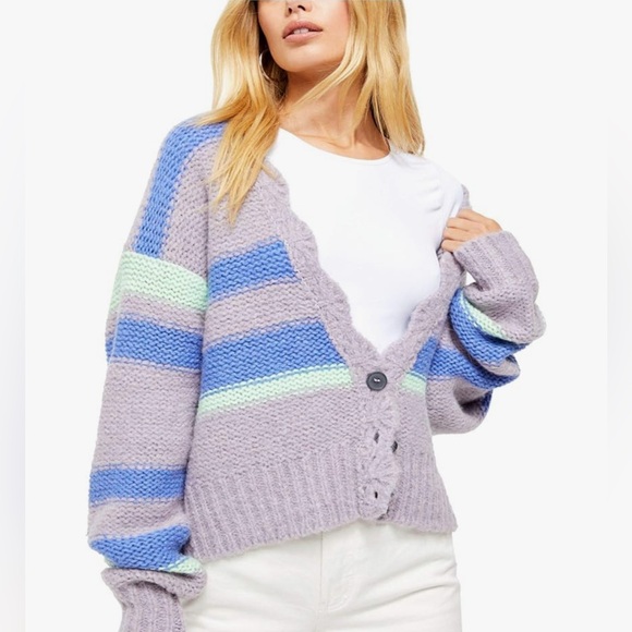 FREE PEOPLE Fine Time Sweater Cardigan‎ Wool Blend Striped M - Picture 2 of 11